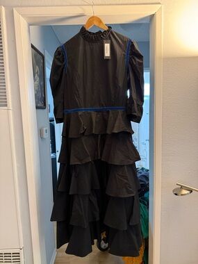 Batsheva Black Maxi Dress with Blue Trim